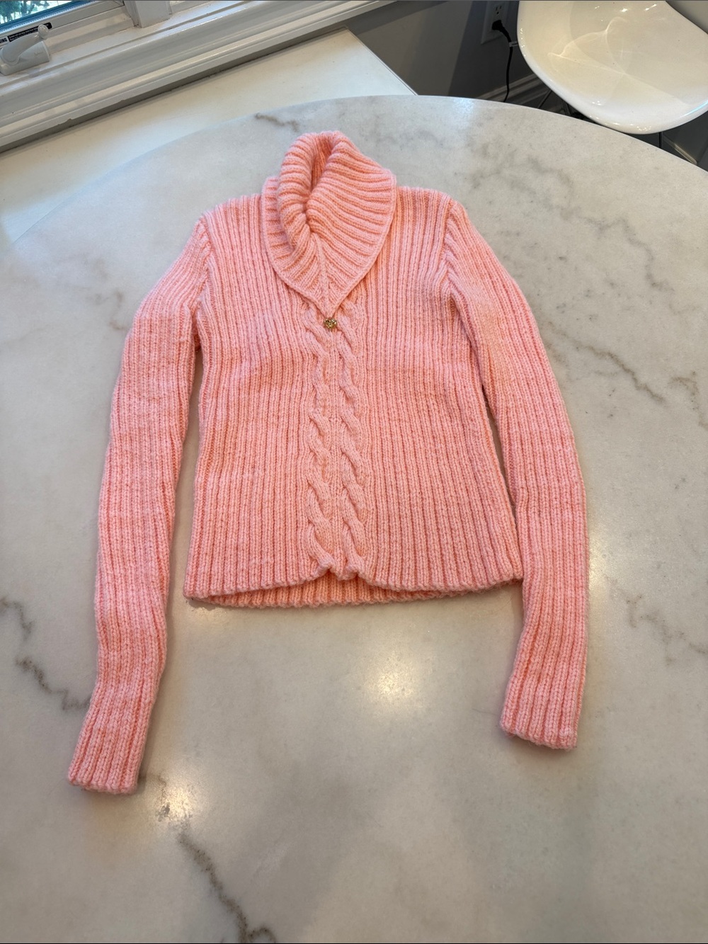 Cozy Pink Cable-Knit Shawl Turtleneck Sweater with attached heart pendant